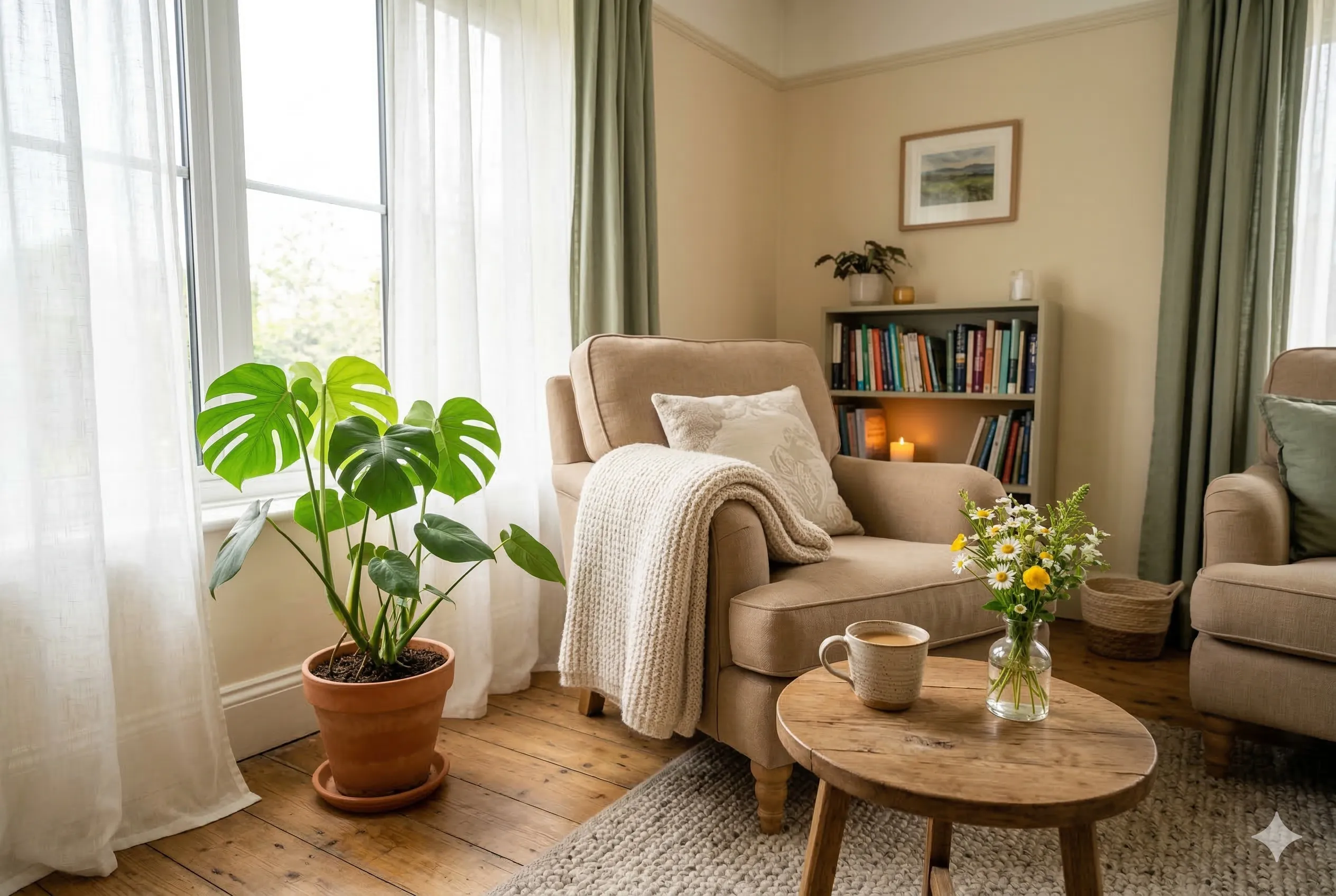 Przytulny gabinet Anisto Balans w Trelleborgu — fotel, kawa, kwiaty i ciepłe naturalne światło