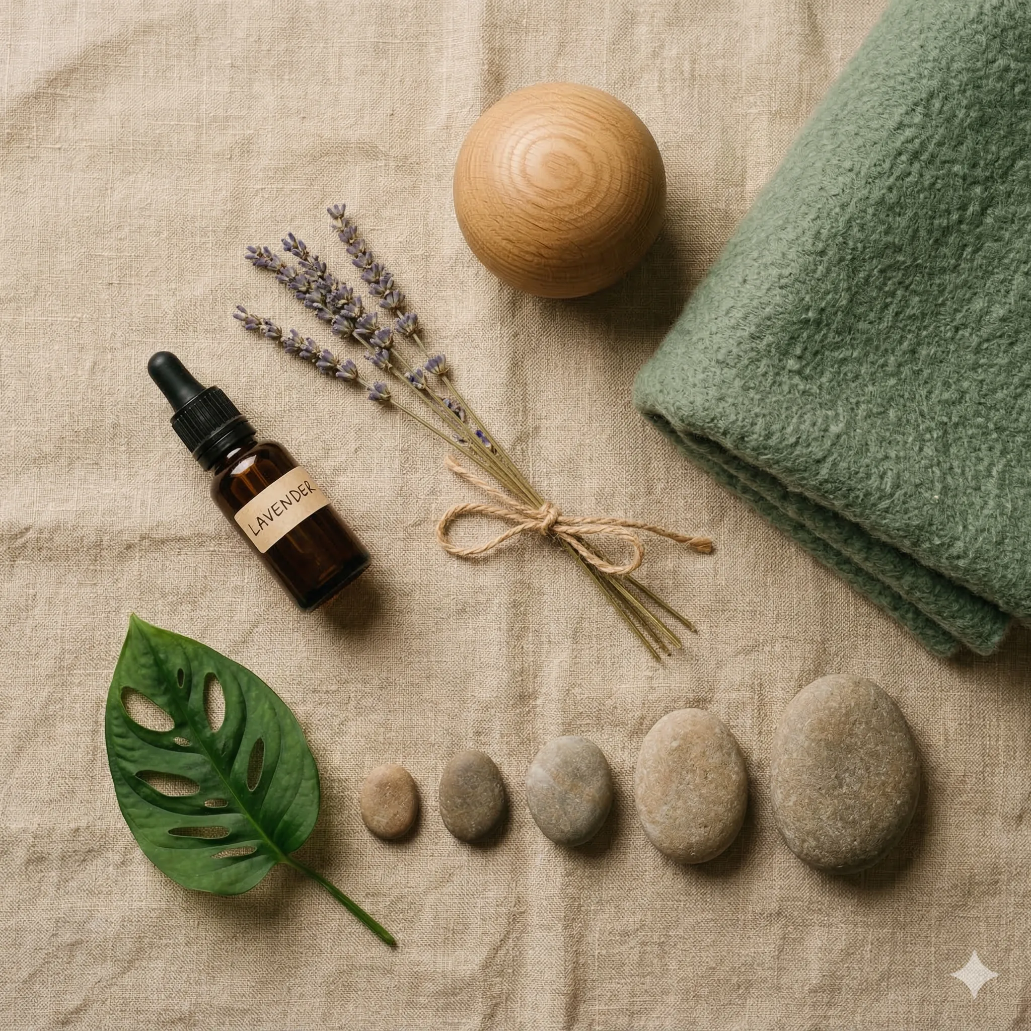 Elementy terapii integracji sensorycznej — drewno, lawenda, kamienie, olejki na naturalnym lnie
