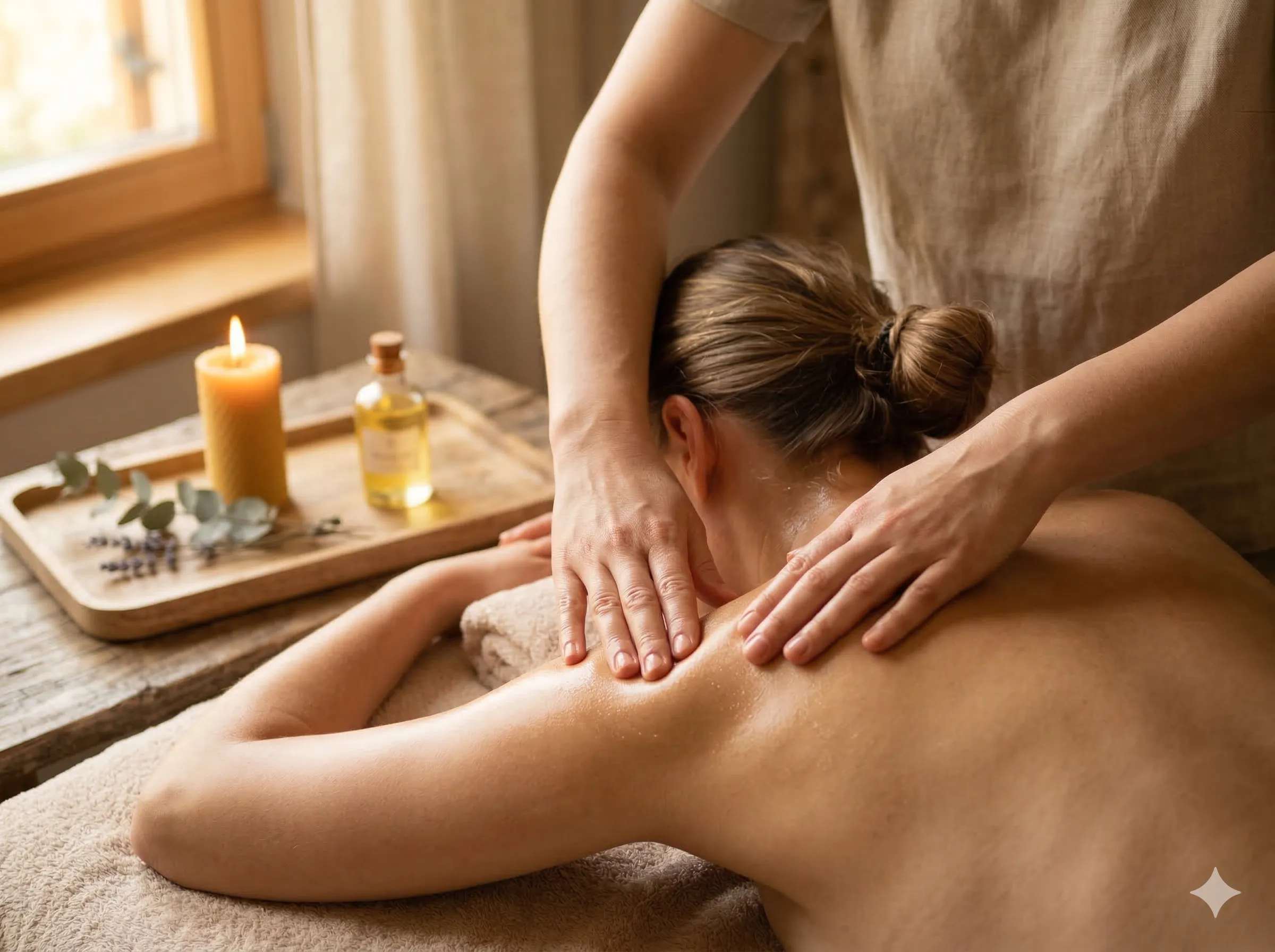 Masaż relaksacyjny — delikatne dłonie redukujące napięcie mięśniowe w ciepłym świetle